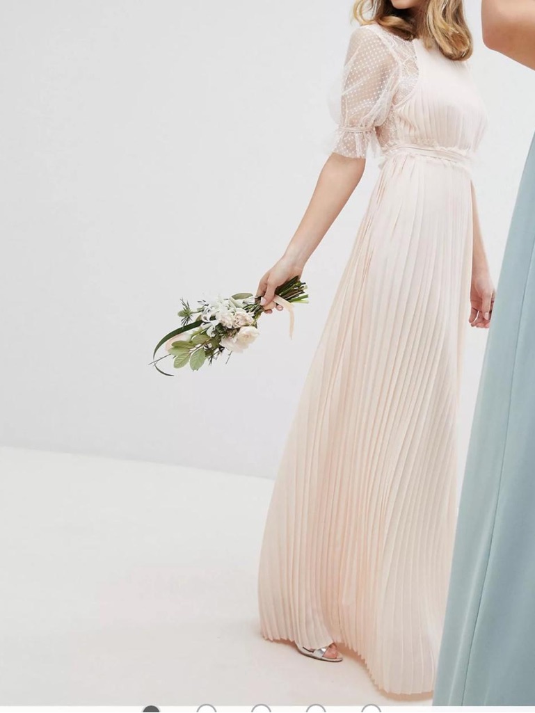 Tfnc Petite Pleated Maxi Bridesmaid Dress With Spot Mesh Frill Detail Sz 12
